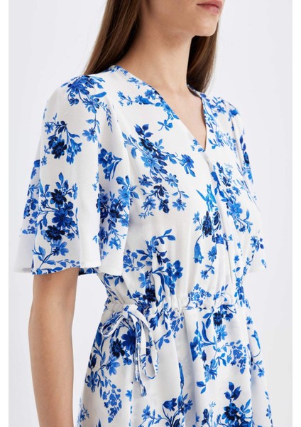 Wrap Yaka Çiçek Desenli Maroken Yarım Kollu Mini Elbise C7223AX24SM