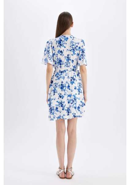 Wrap Yaka Çiçek Desenli Maroken Yarım Kollu Mini Elbise C7223AX24SM