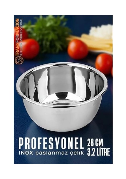 Bfs Inox Kase - 28 cm 3.2 Litre Karıştırma Kabı Profesyonel 304 Paslanmaz Çelik