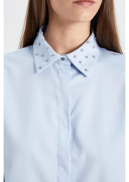 Crop Basic Düz Düğmeli Dokuma Uzun Kollu Gömlek D4617AX24AU