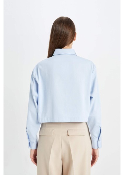 Crop Basic Düz Düğmeli Dokuma Uzun Kollu Gömlek D4617AX24AU