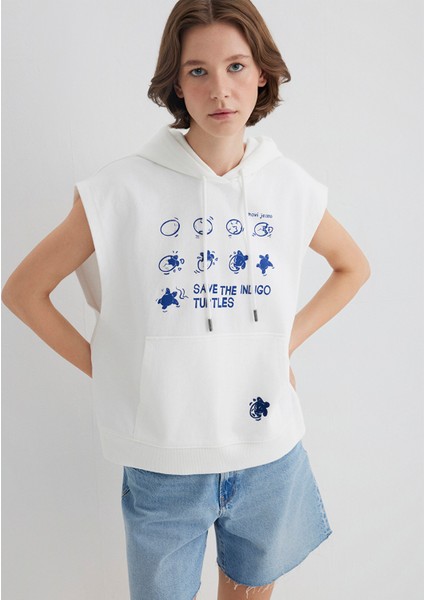 Indigo Turtles Baskılı Kapüşonlu Ekru Sweatshirt 1S10383-70057