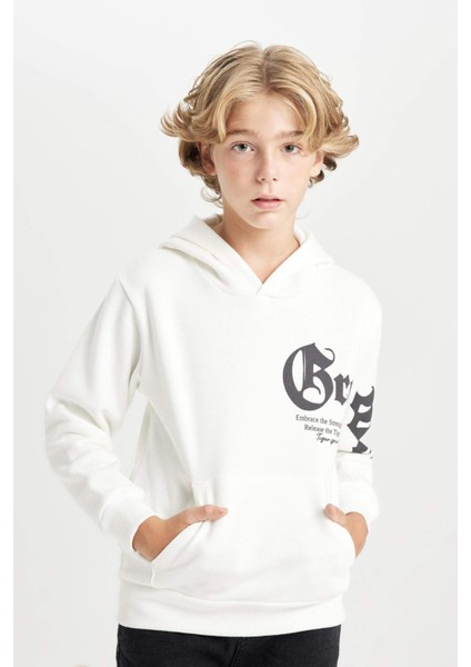 Erkek Çocuk Ekru Kapüşonlu Baskılı Sweatshirt D3097A824AU