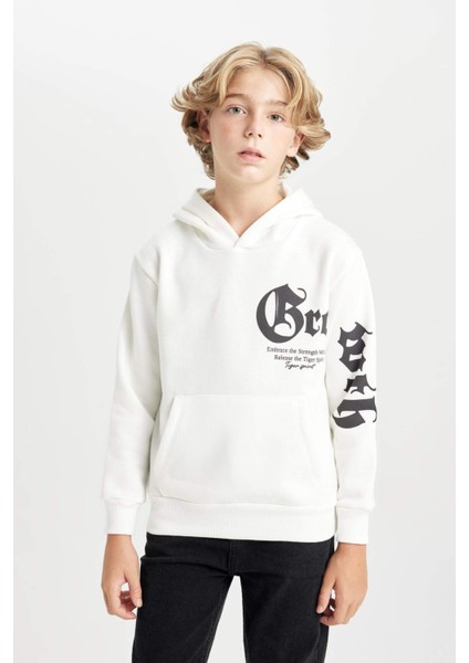 Erkek Çocuk Ekru Kapüşonlu Baskılı Sweatshirt D3097A824AU