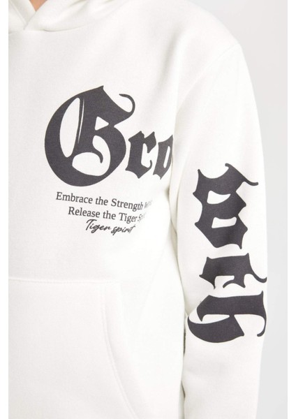 Erkek Çocuk Ekru Kapüşonlu Baskılı Sweatshirt D3097A824AU