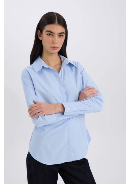 Fitted Basic Düz Düğmeli Bengalin Dokuma Uzun Kollu Gömlek Y4651AZ24AU