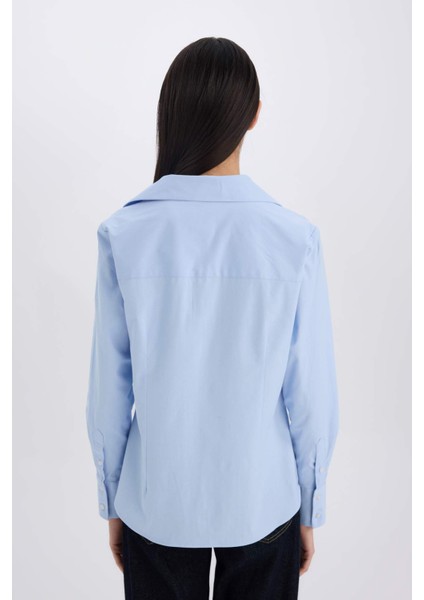 Fitted Basic Düz Düğmeli Bengalin Dokuma Uzun Kollu Gömlek Y4651AZ24AU