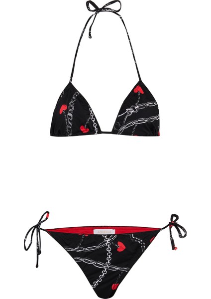 Kalp Baskı Siyah Üçgen Bikini Takım