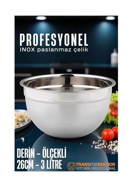 Bfs Inox Ölçekli Derin Kase - 26 cm 3 Litre Karıştırma Kabı Profesyonel 304 Paslanmaz Çelik