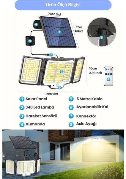 Geniş Açılı Solar Projektör Bahçe Aydınlatma – 348 Led, Kumanda Kontrollü, Sarı Işık