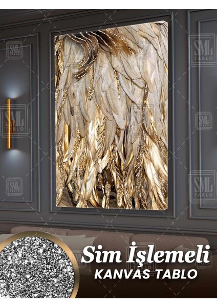 Sim Işlemeli Altın Pırıltılı Beyaz Kuş Tüyü Dekoratif Simli Dikey Kanvas Tablo