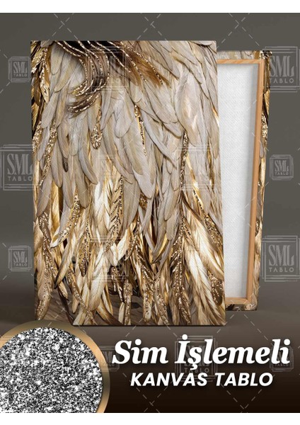Sim Işlemeli Altın Pırıltılı Beyaz Kuş Tüyü Dekoratif Simli Dikey Kanvas Tablo fiyatları