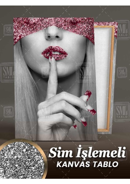 Sim Işlemeli Sus Işareti Yapan Kırmızı Rujlu Kadın Pırıltılı Tül Simli Dikey Kanvas Tablo fiyatları