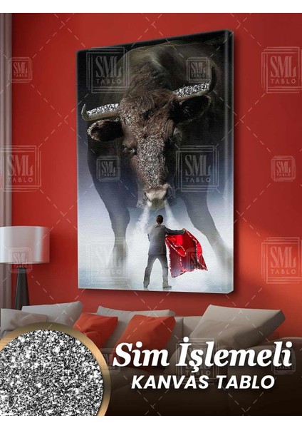 Sim Işlemeli Matador ve Boğa Kızgın Duman Sis Kırmızı Pelerin Pırıltılı Simli Dikey Kanvas Tablo