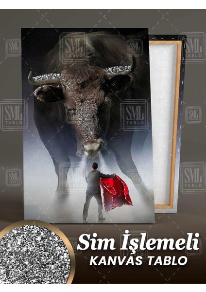 Sim Işlemeli Matador ve Boğa Kızgın Duman Sis Kırmızı Pelerin Pırıltılı Simli Dikey Kanvas Tablo fiyatları
