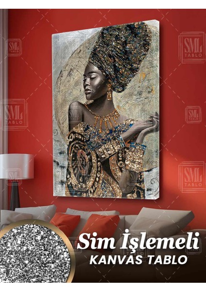Sim Işlemeli Afrikalı Kadın Altın Pırıltılı Kolye African Woman Simli Dikey Kanvas Tablo