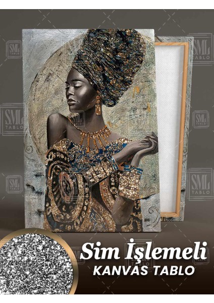 Sim Işlemeli Afrikalı Kadın Altın Pırıltılı Kolye African Woman Simli Dikey Kanvas Tablo fiyatları