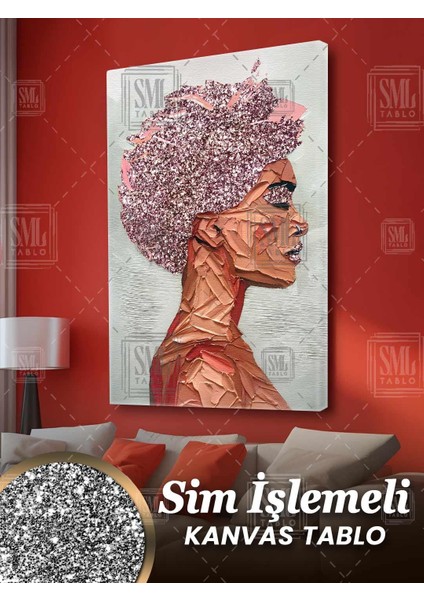 Sim Işlemeli Pembe Kısa Saçlı Kadın Pırıltılı Saç Kadının Gücü Simli Dikey Kanvas Tablo