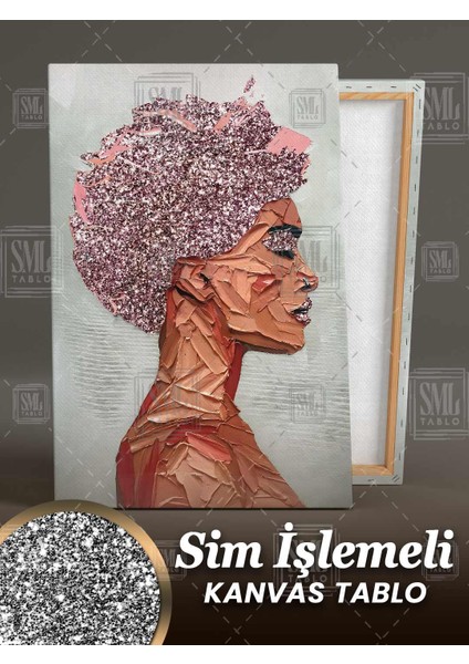 Sim Işlemeli Pembe Kısa Saçlı Kadın Pırıltılı Saç Kadının Gücü Simli Dikey Kanvas Tablo fiyatları