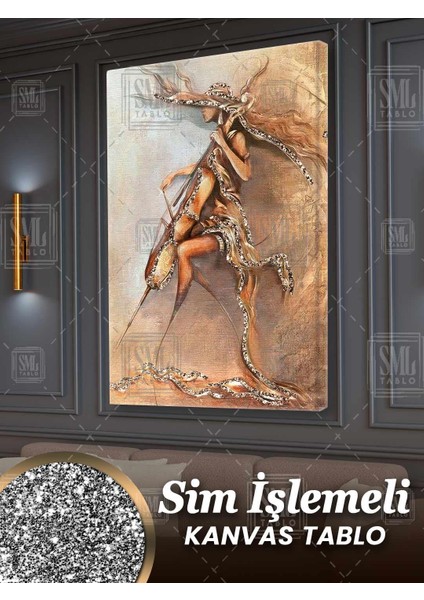 Sim Işlemeli Kontrbas Çalan Şapkalı Bronz Kadın Pırıltılı Simli Dikey Kanvas Tablo