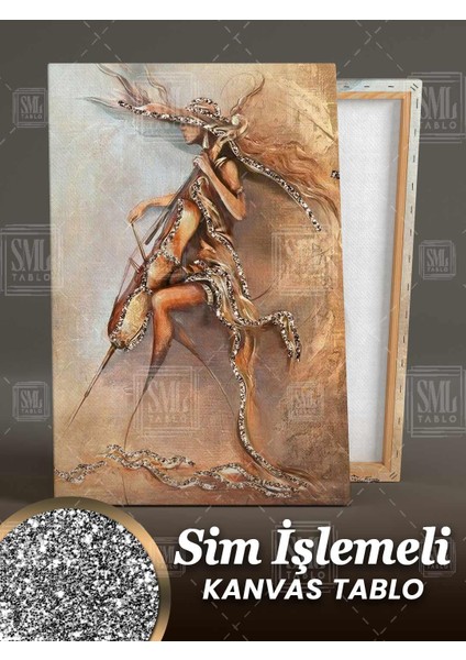 Sim Işlemeli Kontrbas Çalan Şapkalı Bronz Kadın Pırıltılı Simli Dikey Kanvas Tablo fiyatları