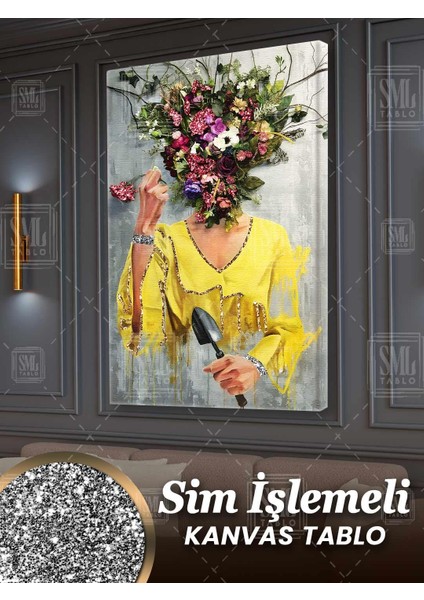 Sim Işlemeli Çiçek Kafalı Kadın Renkli Pırıltılı Simli Dikey Kanvas Tablo