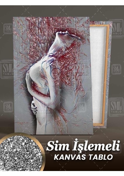 Sim Işlemeli Soyut Kadın Nü Woman Pırıltılı Dekor Ağaç Kökleri Simli Dikey Kanvas Tablo fiyatları
