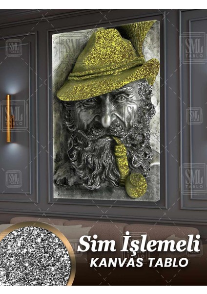 Sim Işlemeli Pipo Içen Sakallı Yaşlı Adam Gold Altın Pırıltılı Metal Heykel Simli Dikey Kanvas Tablo