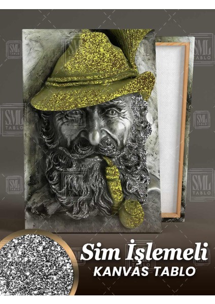 Sim Işlemeli Pipo Içen Sakallı Yaşlı Adam Gold Altın Pırıltılı Metal Heykel Simli Dikey Kanvas Tablo fiyatları