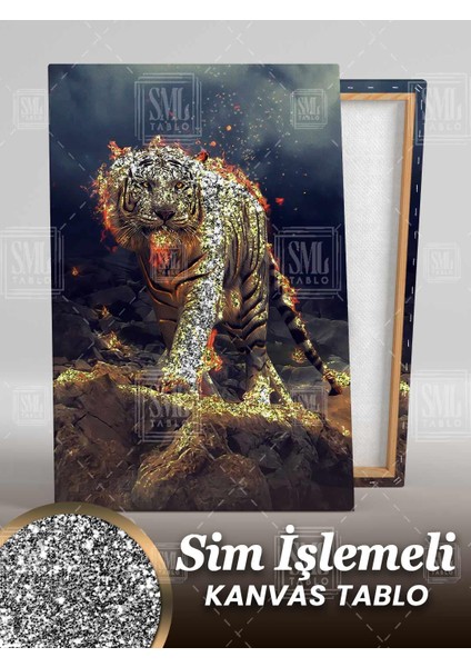 Sim Işlemeli Vahşi Beyaz Kaplan Alev Almış Doğa Pırıltılı Simli Dikey Kanvas Tablo fiyatları