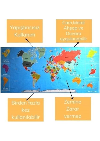 Renkliatlas Dünyaharitası Manyetik Yapıştırıcı Gerektirmeyen Duvar Stickerı 118 cm * 56 cm