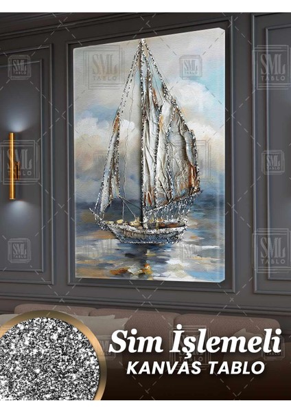 Sim Işlemeli Yağlı Boya Efektli Gemi Yelkenli Deniz Doğa Manzara Pırıltılı Simli Dikey Kanvas Tablo
