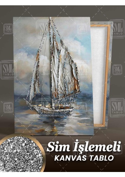 Sim Işlemeli Yağlı Boya Efektli Gemi Yelkenli Deniz Doğa Manzara Pırıltılı Simli Dikey Kanvas Tablo fiyatları