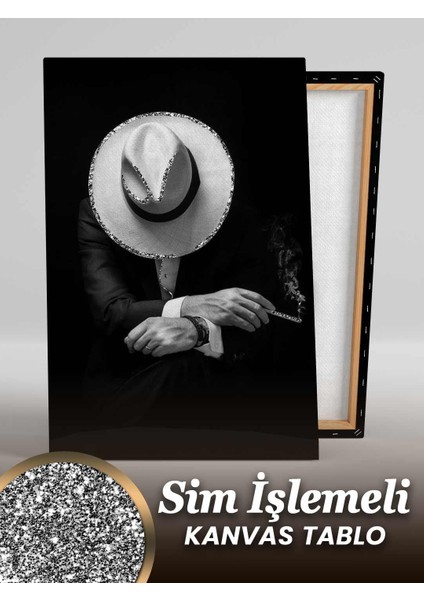 Sim Işlemeli Beyaz Fötr Şapkalı Siyah Takım Elbiseli Karizmatik Adam Simli Dikey Kanvas Tablo fiyatları