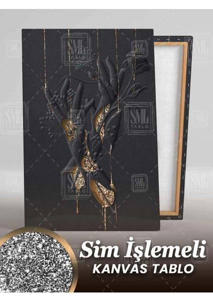 Sim Işlemeli Altın Pırıltılı Çiçek Elller Dekor Modern Sanat Simli Dikey Kanvas Tablo fiyatları