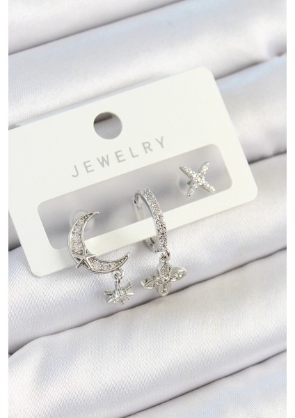 Bfs Pirinç Zirkon Taşlı Çiçek ve Ay Model Gümüş Renk 3'lü Çift Kadın Küpe Set