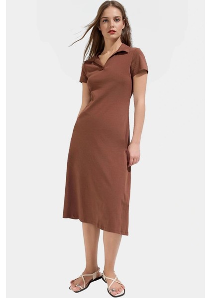 Pamuklu Likralı Penye Midi Elbise Renk Skater Kalıp Polo Yaka Profesyonel Görünüm