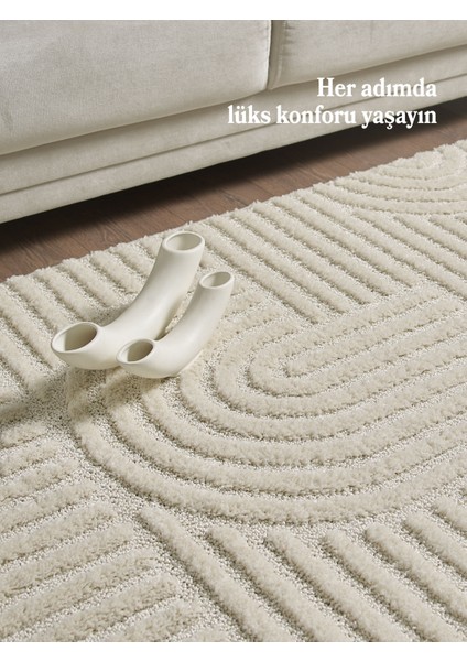 Modern Trend Tasarım Yumuşak Dokulu Özel Ebat Kesim Overloklu Jüt Taban Makine Halısı Krem modelleri