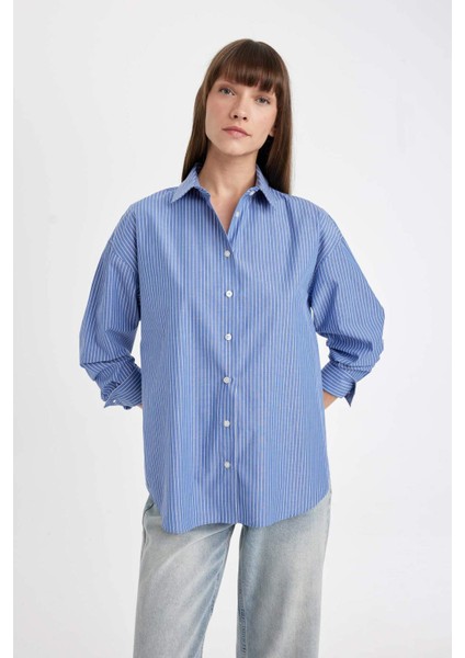 Oversize Geniş Kalıp Çizgili Poplin Uzun Kollu Gömlek D4899AX24AU