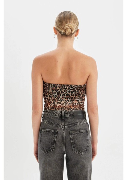Leopar Desenli Straplez Tül Bluz D4792AX24AU