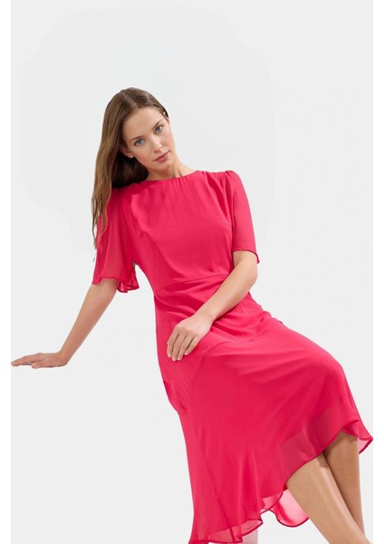 Yazlık Midi Elbise A Line Kesim Şifon Kumaş Melek Kol Polyester Kaliteli Işçilik Seçkin Malzeme