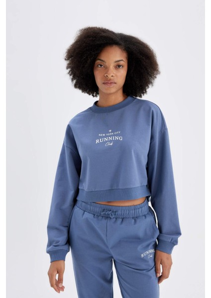 Oversize Geniş Kalıp Bisiklet Yaka Baskılı Sporcu Sweatshirt C9405AX24AU