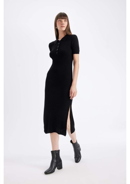 Fitted Polo Yaka Kısa Kollu Yırtmaçlı Midi Triko Elbise D4914AXNS