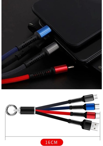 Bfs Işıklı Anahtarlık Model 3 In 1 USB Çıkışlı Mikro,type-C ve Iphone Uyumlu Şarj Kablosu