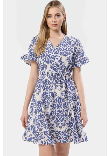 Şal Desenli V Yaka Mini Elbise Rahat Nefes Alabilir Viskoz Kumaş Skater Kalıp Özel Tasarım