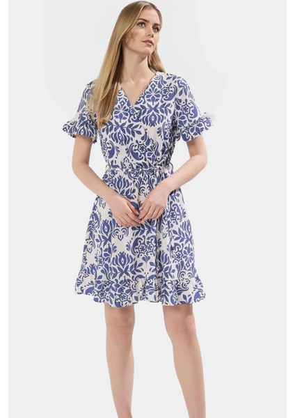 Şal Desenli V Yaka Mini Elbise Rahat Nefes Alabilir Viskoz Kumaş Skater Kalıp Özel Tasarım modelleri