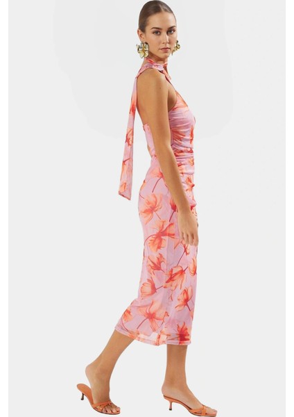 Yazlık Kolsuz Bodycon Tül Elbise Leopar Desenli Midi Boy Astarlı Mükemmel Uyum Premium Kalite