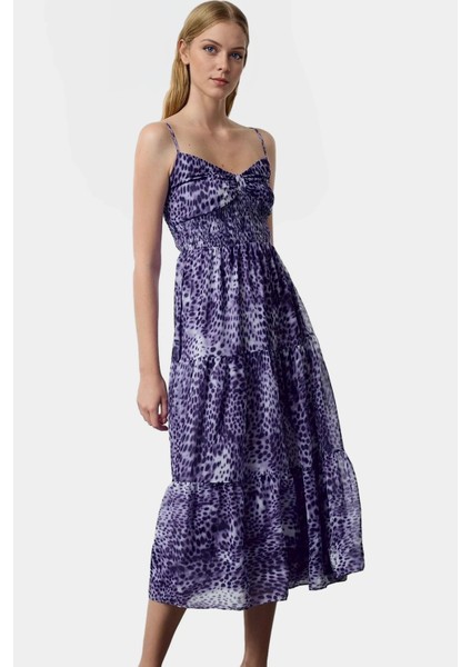 Şık Animal Desenli Yazlık Midi Elbise Dokuma Şifon Kumaş Skater Kalıp Rahat Kullanım