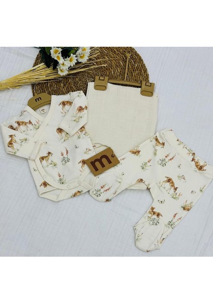 Baskılı Çıtçıtlı Badi, Alt ve Müslin Battaniyeli Yenidoğan Bebek 3lü Set