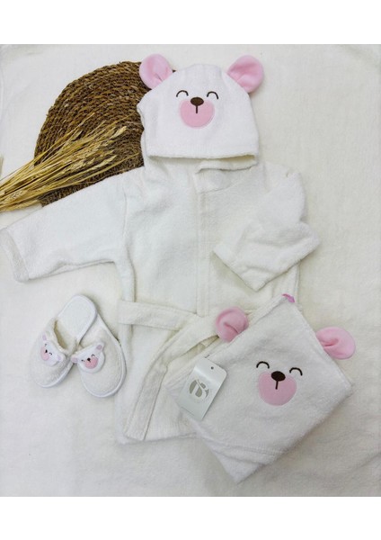Kız Bebek 0- 3 Yaş Köpek Desen Bornoz Takımı Doğal Pamuklu